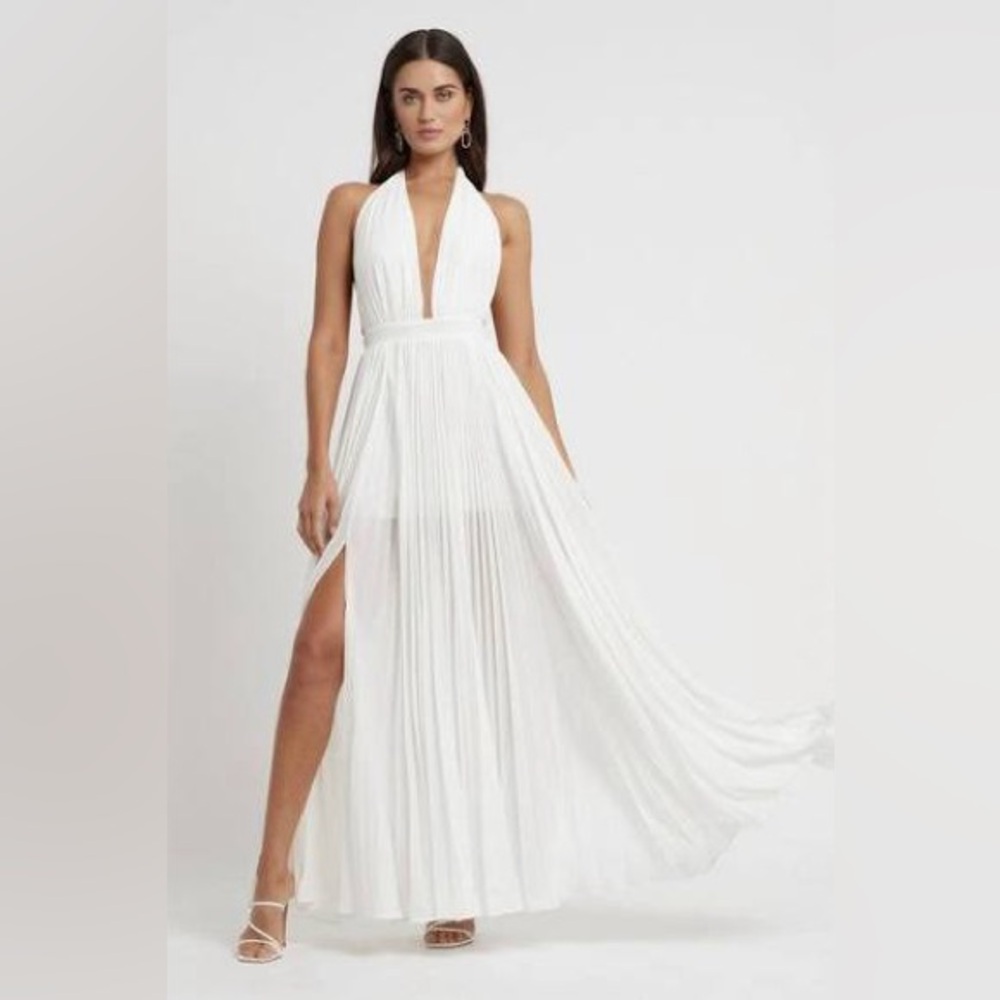 NWT Lexi Sabrina Deep Plunge Chiffon Maxi Halter Dress White AU 12 US 8